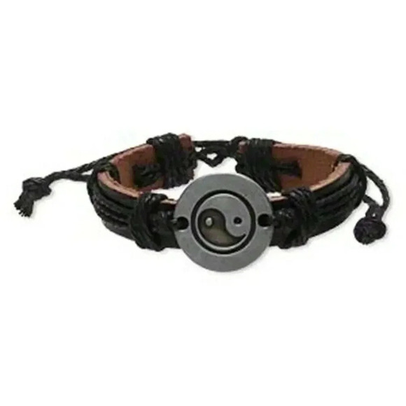 Handmade Brown Black Yin Yang Taoist Leather Silver Pewter Adjustable Bracelet - Picture 1 of 1